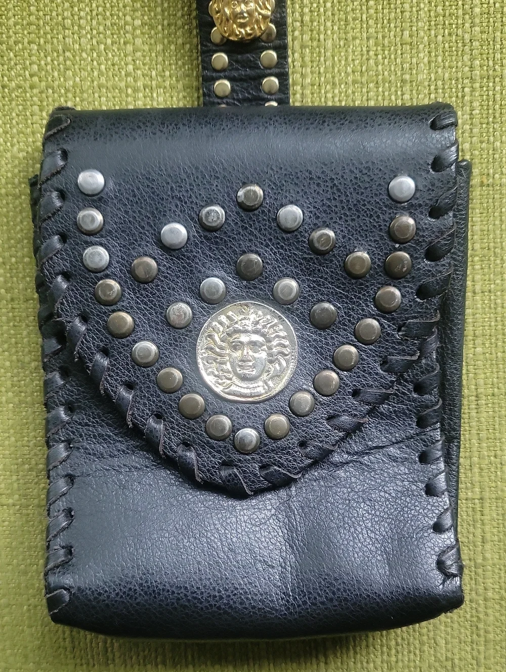 Leatherock Black Leather Studded Belt Pouch with Gold Medallion